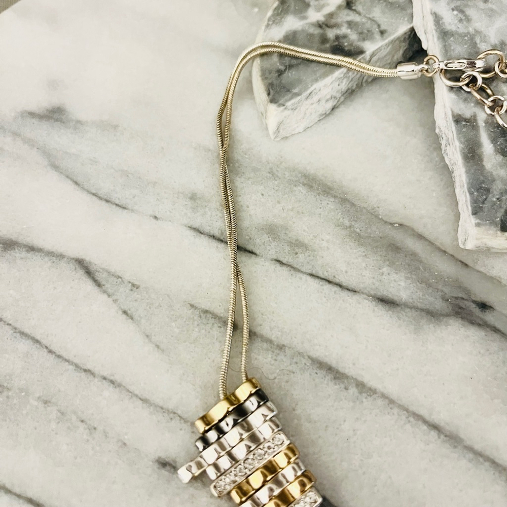 Nine West Mix Metal Statement Necklace Silver Gold Toned Pave Accent Edgy - Picture 4 of 7